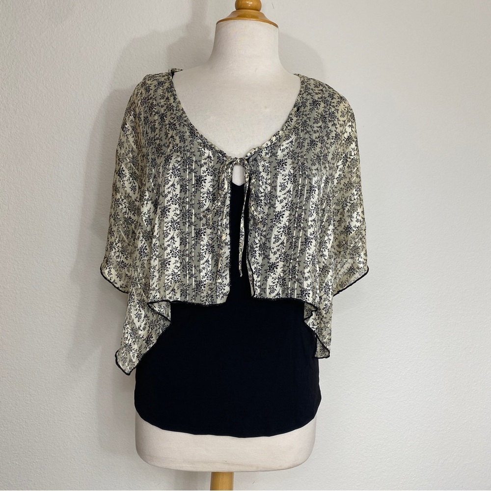 Emi & Joe Women's Black Cream Floral Faux Cape Layered Blouse Size Small Classic